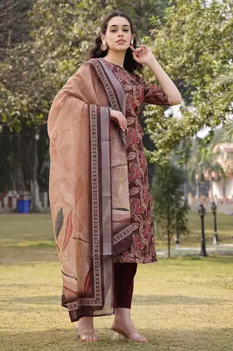 brown floral,sequins work linen flared kurta trouser dupatta set