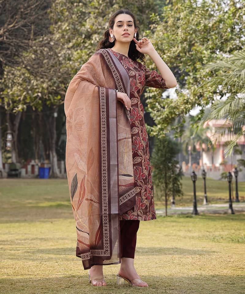 brown floral,sequins work linen flared kurta trouser dupatta set