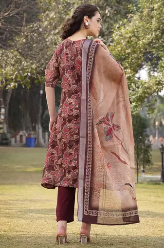 brown floral,sequins work linen flared kurta trouser dupatta set