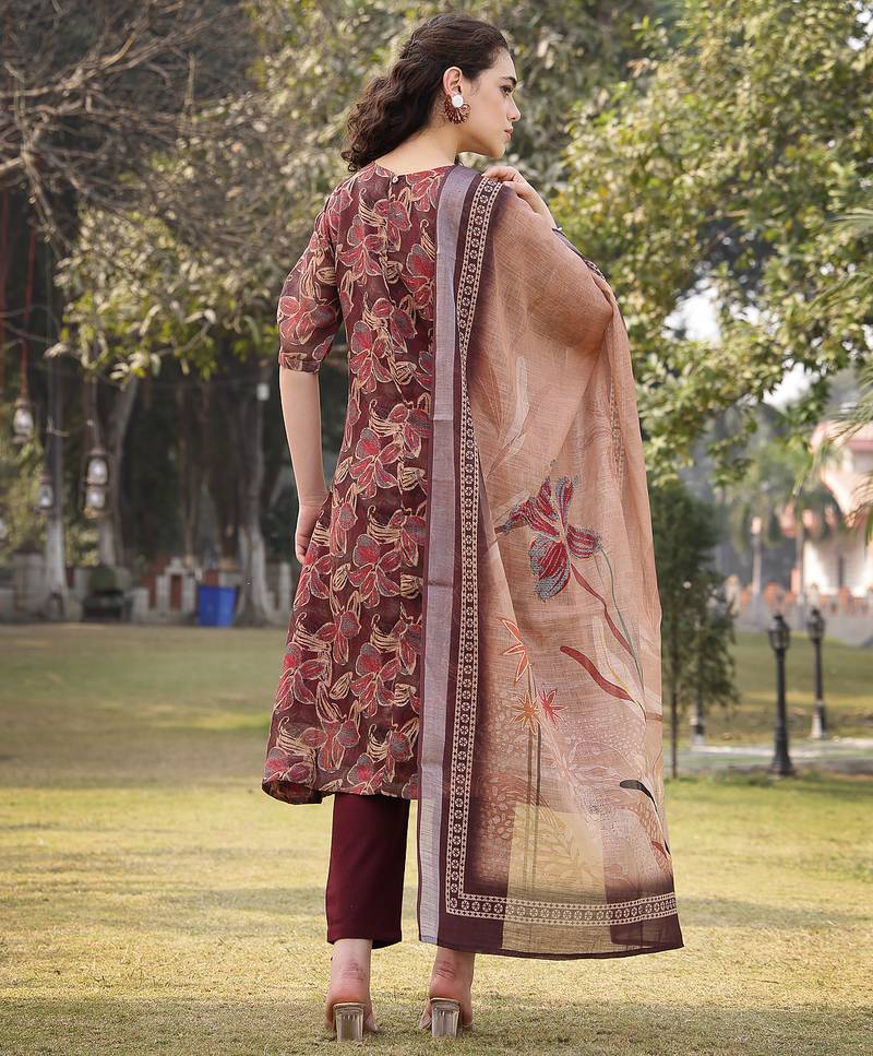 brown floral,sequins work linen flared kurta trouser dupatta set