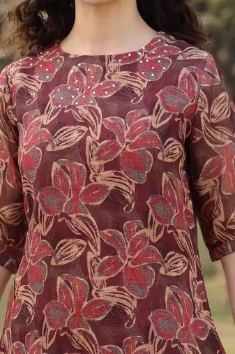brown floral,sequins work linen flared kurta trouser dupatta set