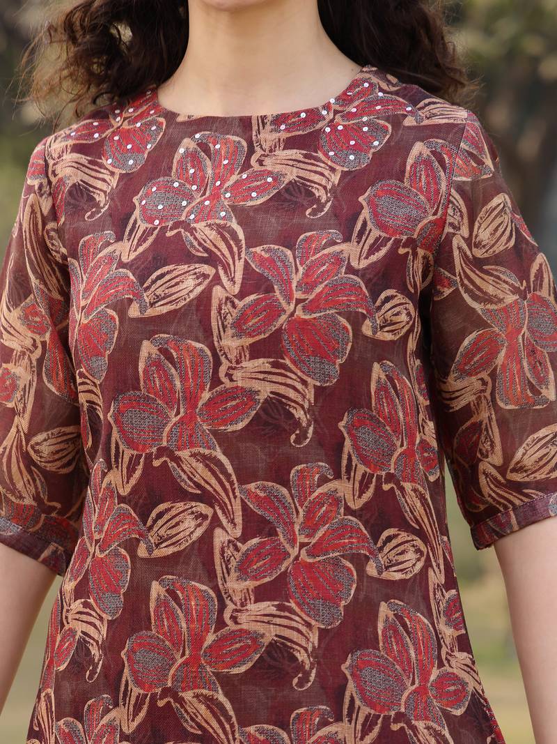 brown floral,sequins work linen flared kurta trouser dupatta set