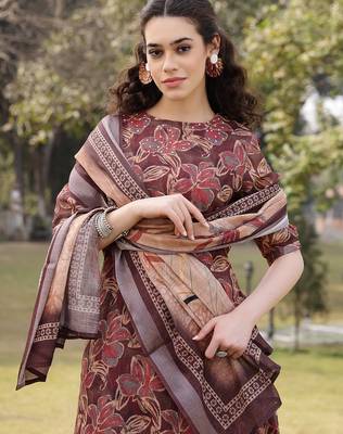 brown floral,sequins work linen flared kurta trouser dupatta set 5