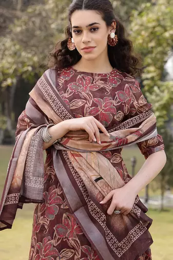 brown floral,sequins work linen flared kurta trouser dupatta set