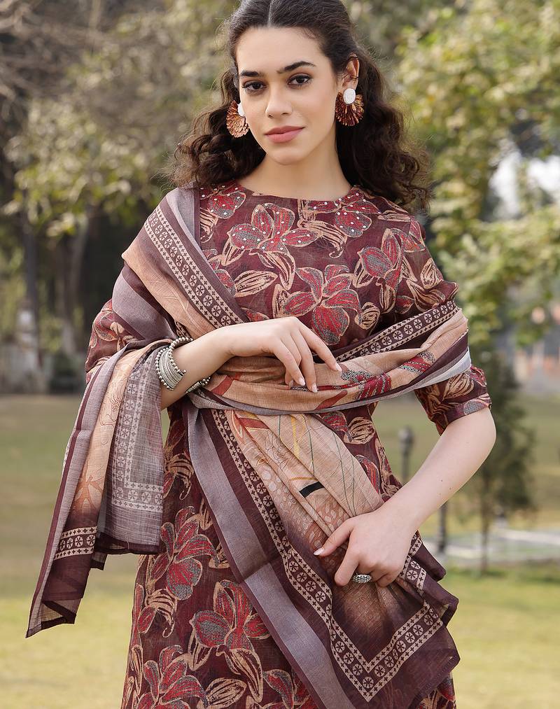 brown floral,sequins work linen flared kurta trouser dupatta set