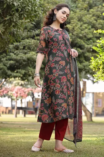 green linen flare kurta trouser dupatta set