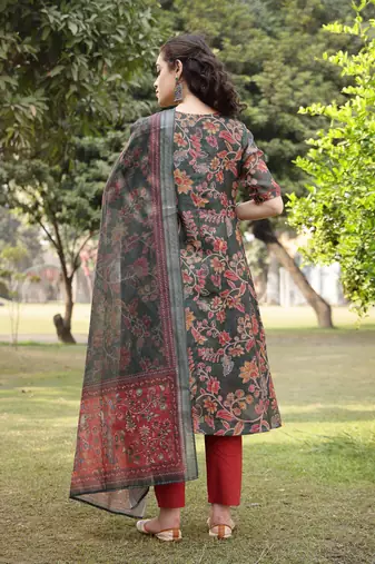 green linen flare kurta trouser dupatta set