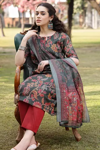 green linen flare kurta trouser dupatta set