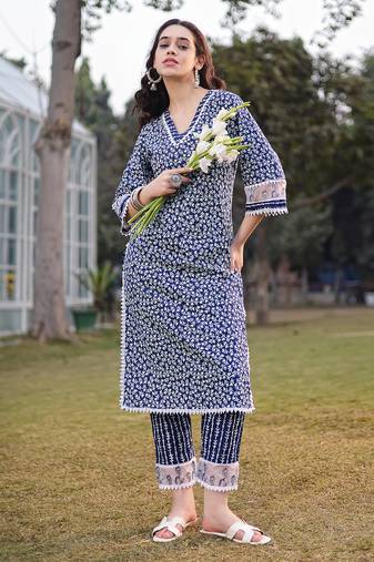blue cotton ethnic motifs lace work straight kurta trouser set