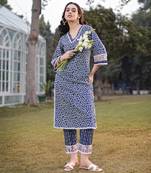 blue cotton ethnic motifs lace work straight kurta trouser set