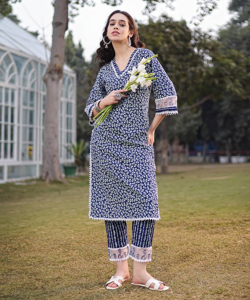 blue cotton ethnic motifs lace work straight kurta trouser set