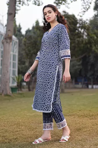 blue cotton ethnic motifs lace work straight kurta trouser set