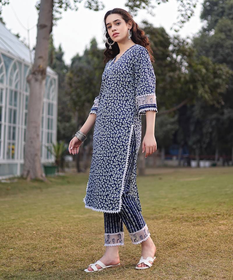 blue cotton ethnic motifs lace work straight kurta trouser set
