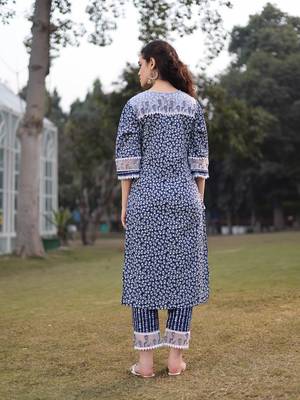 blue cotton ethnic motifs lace work straight kurta trouser set 3
