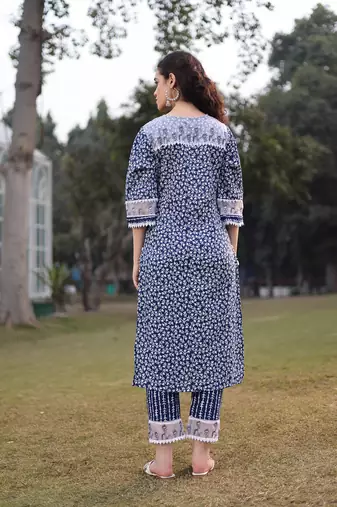 blue cotton ethnic motifs lace work straight kurta trouser set