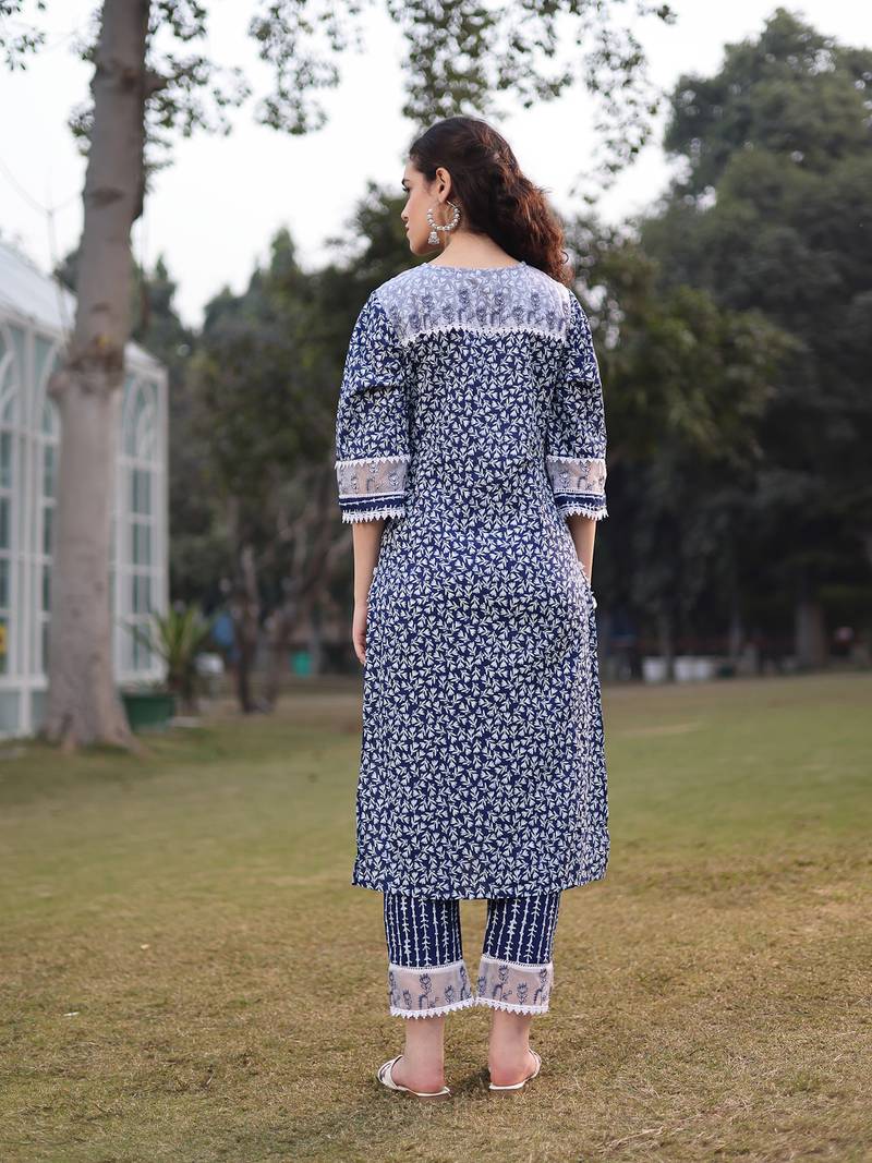 blue cotton ethnic motifs lace work straight kurta trouser set
