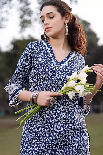 blue cotton ethnic motifs lace work straight kurta trouser set