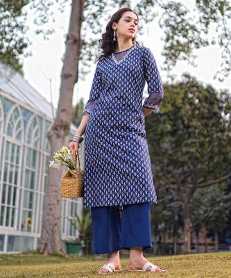 blue cotton lace work straight kurta palazzo set 1