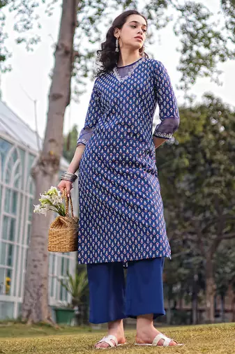blue cotton lace work straight kurta palazzo set