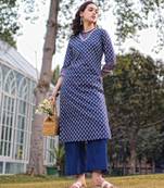 blue cotton lace work straight kurta palazzo set