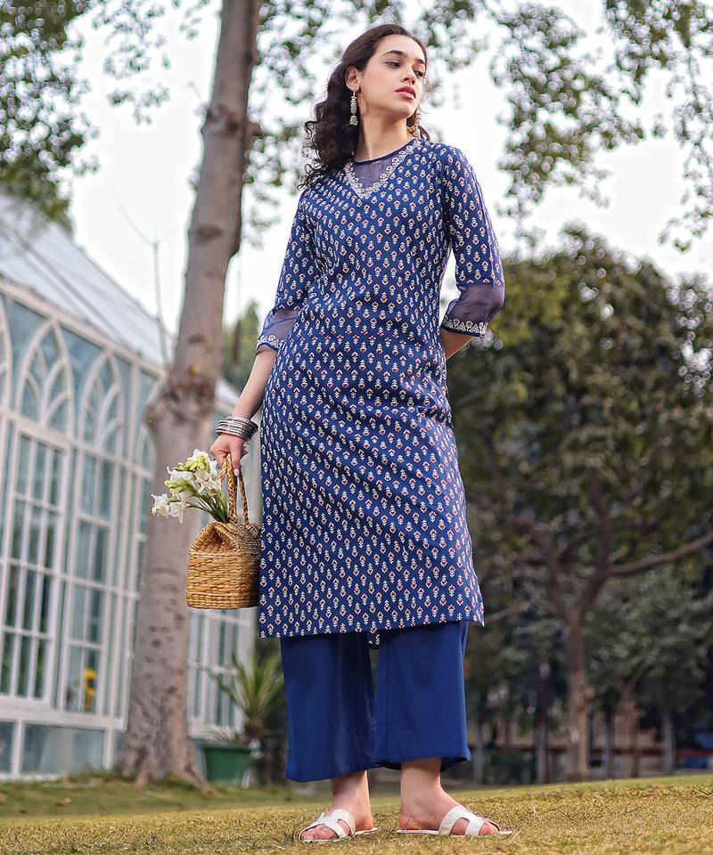 blue cotton lace work straight kurta palazzo set