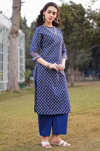 blue cotton lace work straight kurta palazzo set