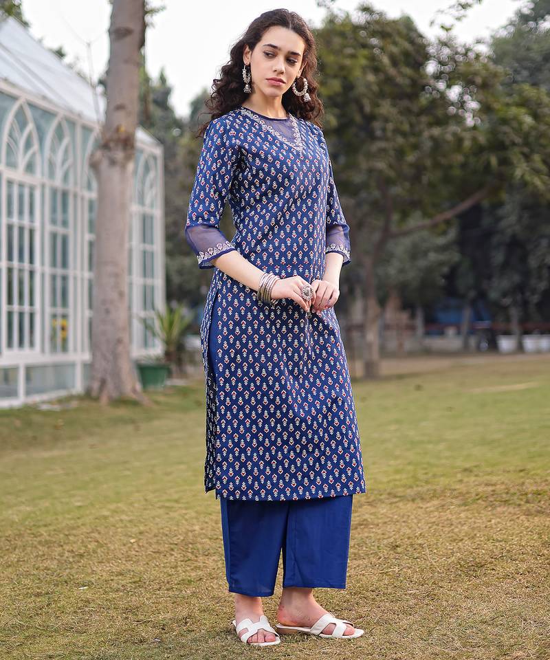 blue cotton lace work straight kurta palazzo set
