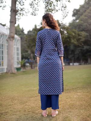 blue cotton lace work straight kurta palazzo set 3