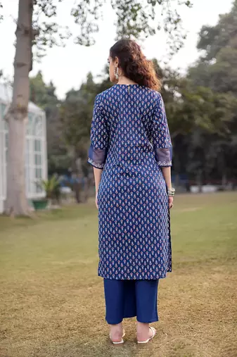 blue cotton lace work straight kurta palazzo set