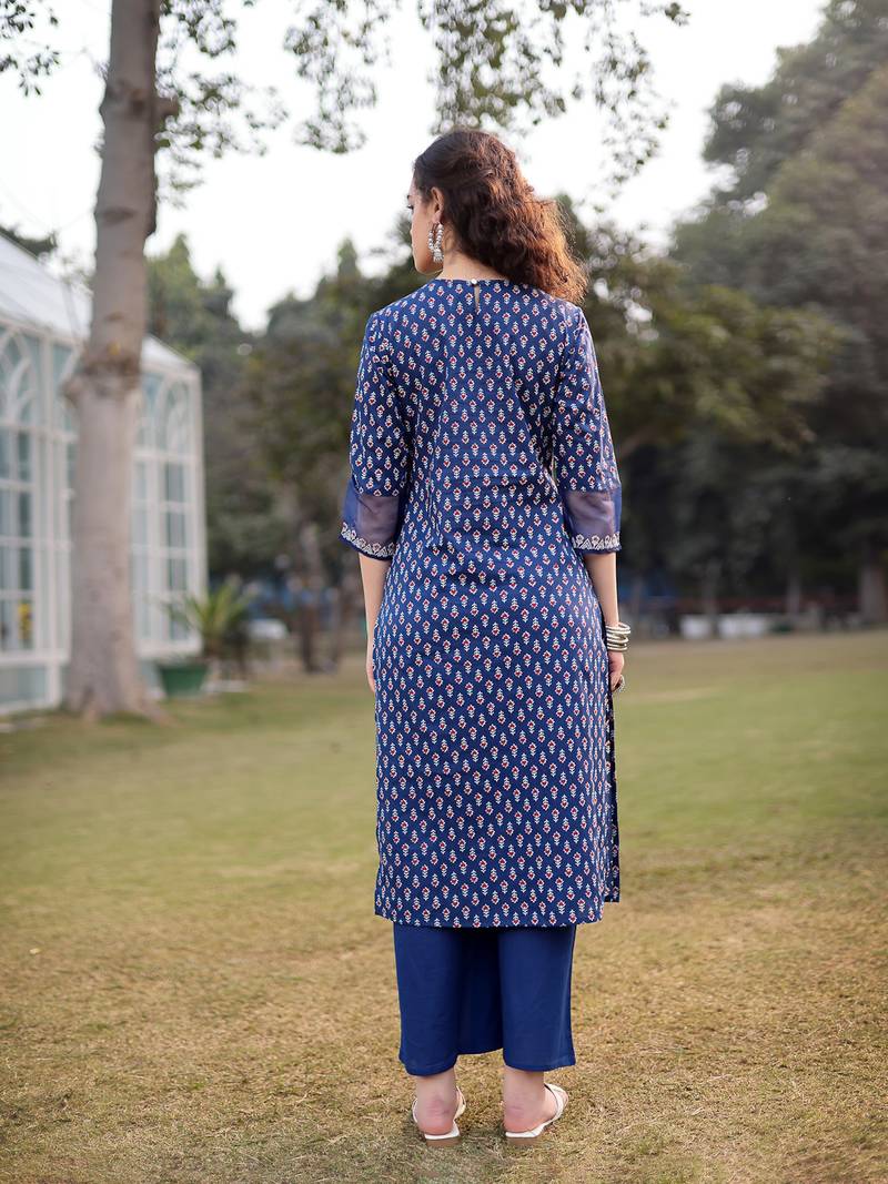 blue cotton lace work straight kurta palazzo set