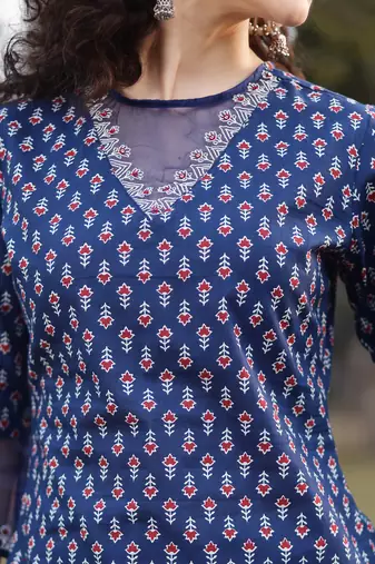 blue cotton lace work straight kurta palazzo set
