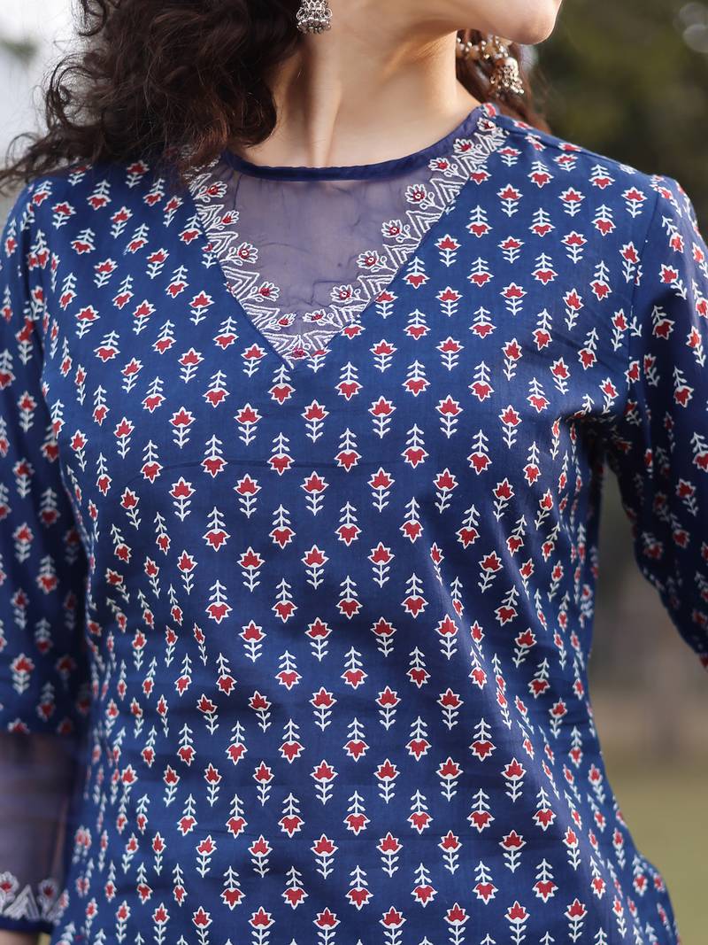 blue cotton lace work straight kurta palazzo set