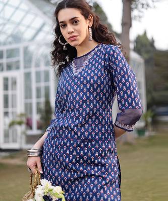 blue cotton lace work straight kurta palazzo set 5