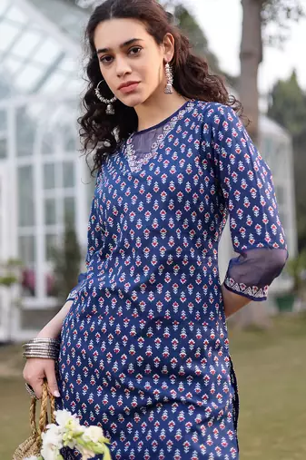 blue cotton lace work straight kurta palazzo set