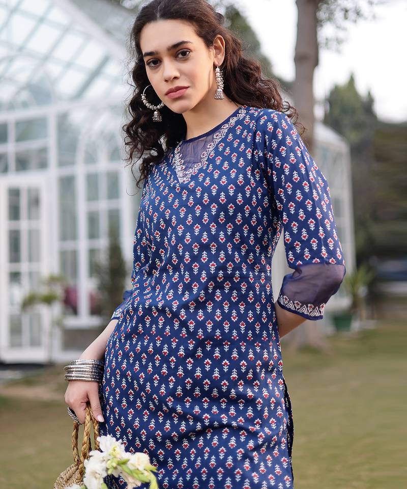 blue cotton lace work straight kurta palazzo set