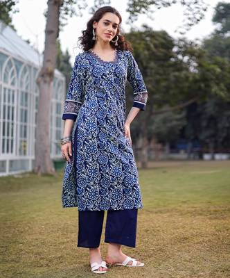 blue cotton lace work square neck straight kurta palazzo set 1
