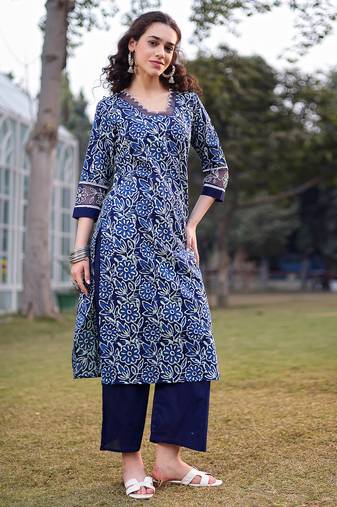 blue cotton lace work square neck straight kurta palazzo set