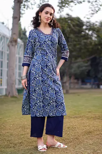 blue cotton lace work square neck straight kurta palazzo set