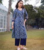 blue cotton lace work square neck straight kurta palazzo set