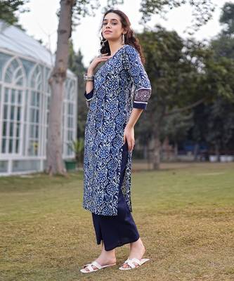 blue cotton lace work square neck straight kurta palazzo set 2