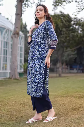 blue cotton lace work square neck straight kurta palazzo set