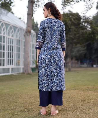 blue cotton lace work square neck straight kurta palazzo set 3
