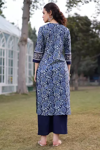 blue cotton lace work square neck straight kurta palazzo set