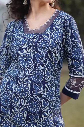 blue cotton lace work square neck straight kurta palazzo set