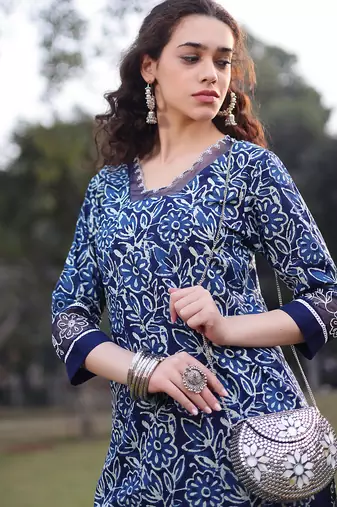blue cotton lace work square neck straight kurta palazzo set