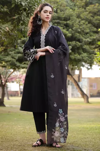 black pure cotton a-line kurta pants dupatta set