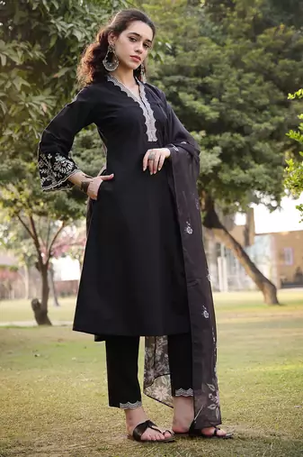 black pure cotton a-line kurta pants dupatta set