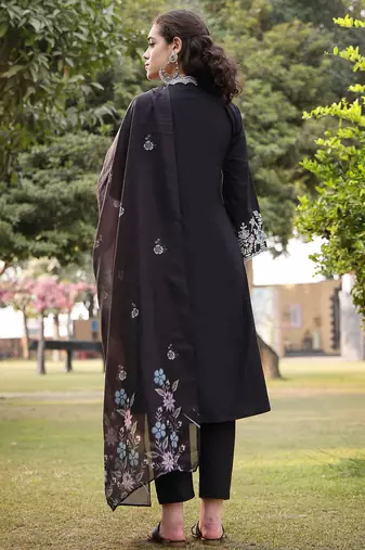 black pure cotton a-line kurta pants dupatta set