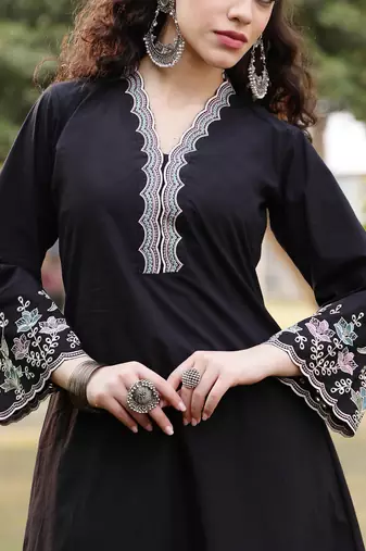 black pure cotton a-line kurta pants dupatta set