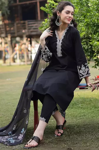 black pure cotton a-line kurta pants dupatta set
